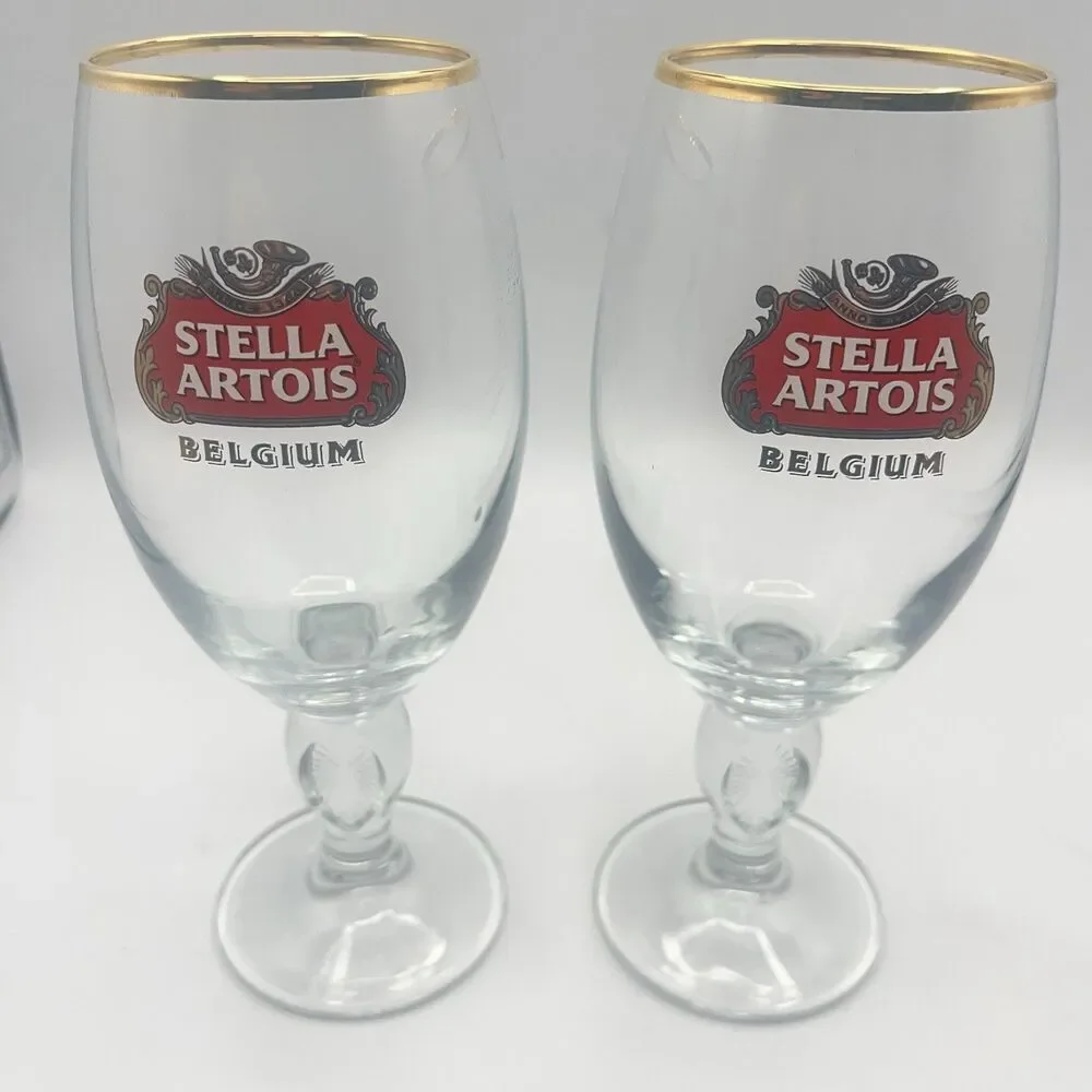 STELLA ARTOIS Belgium Chalice Beer Glass 33 CL Gold Rim (Set Of 2)